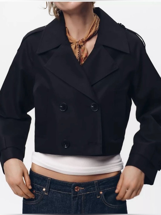 Zara Jackets & Blazers - Zara Black Cropped Double-Breasted Trench Jacket